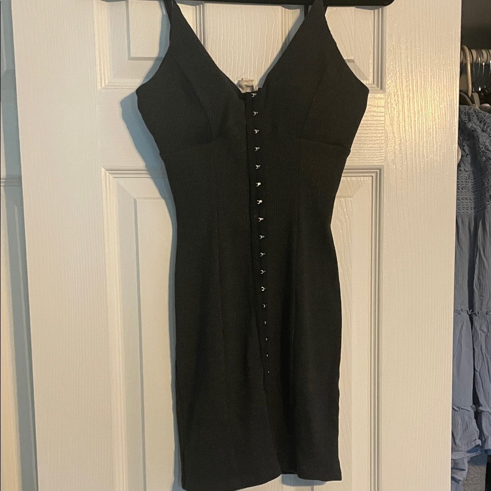 La Hearts Black Ribbed Mini Dress with Button Front